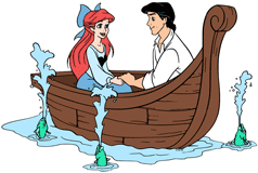 Ariel & Eric in the boat surrounded by fishes spouting water like fountains