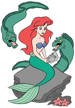 Ariel holding a piece of Prince Eric's statue while Flotsam and Jetsam swim round