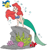 Ariel leaning against a rock with Flounder and Sebastian