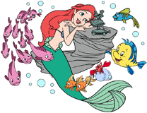 Ariel admiring her music box surrounded by fishes with Sebastian & Flounder
