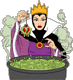 Evil Queen holding the poisoned apple over the bubbling potion in the cauldron