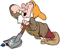 Sneezy holding in a sneeze while cleaning up gems in the mine
