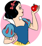 Snow White holding up an apple on pink background
