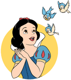 Snow White looking up at flying birds