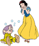 Snow White laughing as bubbles come out of Dopey's ears
