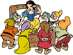 Snow White crying in bed with the dwarfs around her