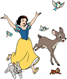 Snow White running happily with animals