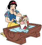 Snow White putting bows in Grumpy's hair in the tub