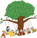 Snow White and the seven dwarfs on swings under a tree
