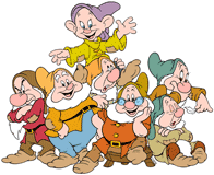 The Seven Dwarfs posing together with Dopey on Sneezy's shoulders