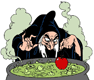 Witch dipping apple into poison brew in cauldron