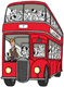 Roger driving a double-decker bus full of puppies
