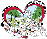Pongo and Perdita with their puppies on a heart background