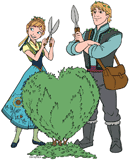 Anna and Kristoff trimming a hedge into a heart