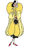 Cruella holding her fur coat close