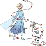 Elsa and Olaf surrounded by leaves in the wind