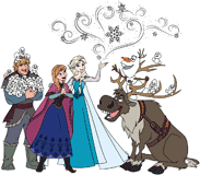 Anna, Elsa, Olaf, Kristoff and Sven with snowgies