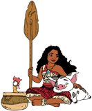 Moana with her oar, Pua and Heihei in a basket