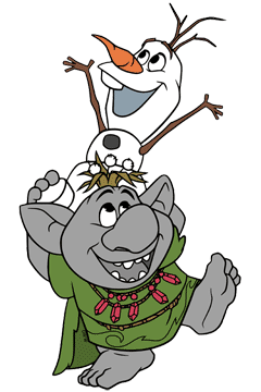 Olaf standing on a troll's shoulders