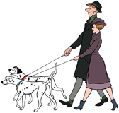 Roger and Anita taking Pongo and Perdita for a twilight walk