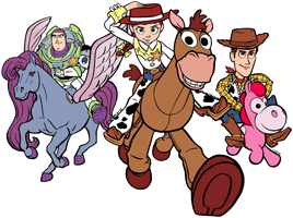 Jessie riding Bullseye; Buzz and Woody riding horses