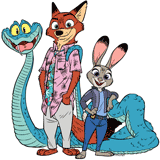 Nick Wilde, Judy Hopps and Gary De'Snake
