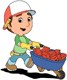 Manny transporting bricks in a wheelbarrow