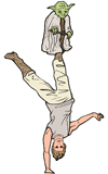 Luke Skywalker balancing on one hand with Yoda