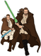 Qui-Gon Jinn and Obi Wan Kenobi running with their lightsabers