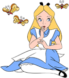 Alice surrounded by bread-and-butterflies