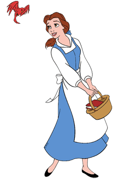 Belle carrying a basket, greeting a bird