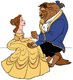 Belle and Beast sitting together holding hands