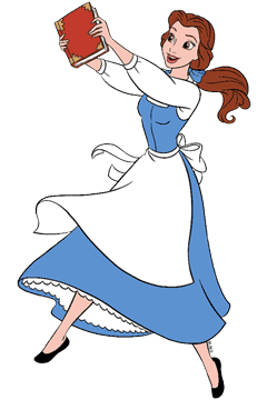 Belle cheerfully holding a book