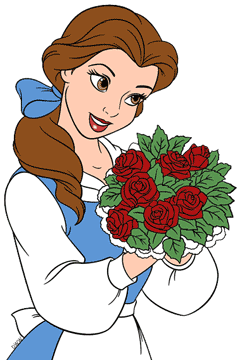 Belle holding a bouquet of roses