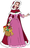 Belle carrying a basket full of Christmas presents