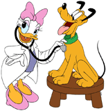 Veterinarian Daisy Duck listening to Pluto's heart
