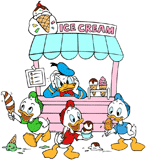 Donald Duck working at an ice cream stand with his nephews