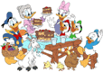 Grandma Duck serving cake on her farm to Donald, Daisy, Huey, Dewey and Louie