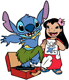 Stitch hula dancing on record player, Lilo with her drawing