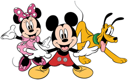 Mickey and Minnie Mouse and Pluto posing with smiles
