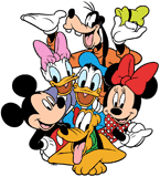 Mickey and Minnie Mouse, Donald and Daisy Duck, Goofy and Pluto posing