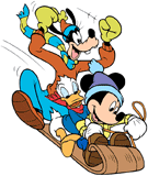Mickey Mouse, Goofy, Donald Duck sledding