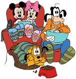 Mickey Mouse, Minnie Mouse, Goofy and Pluto eating popcorn, watching television