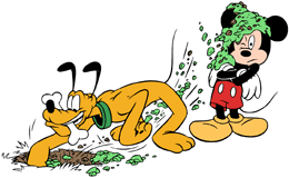 Mickey Mouse standing by while Pluto buries a bone