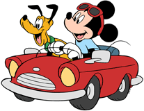 Mickey Mouse riding his car with Pluto