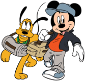 Mickey Mouse and Pluto carrying duffle bags