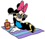Minnie sitting on a beach towel with suntan lotion
