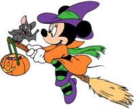 Witch Minnie Mouse riding a broom with a friendly bat