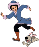 Mulan in winter running alongside Little Brother