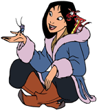 Mulan in winter with Mushu & Crikee